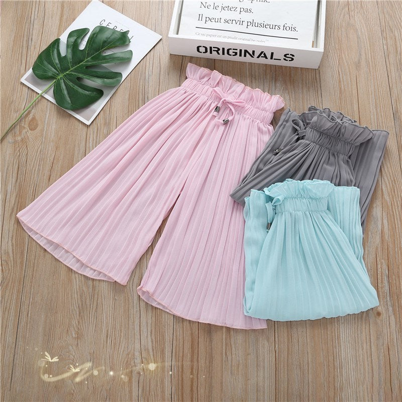 Girls Chiffon Wide Leg Pants Pleated Flying Sleeve Top Set (Available)