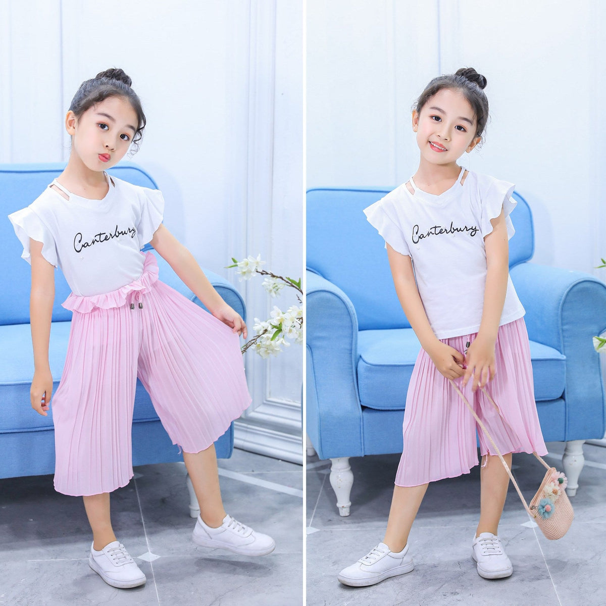 Girls Chiffon Wide Leg Pants Pleated Flying Sleeve Top Set (Available)
