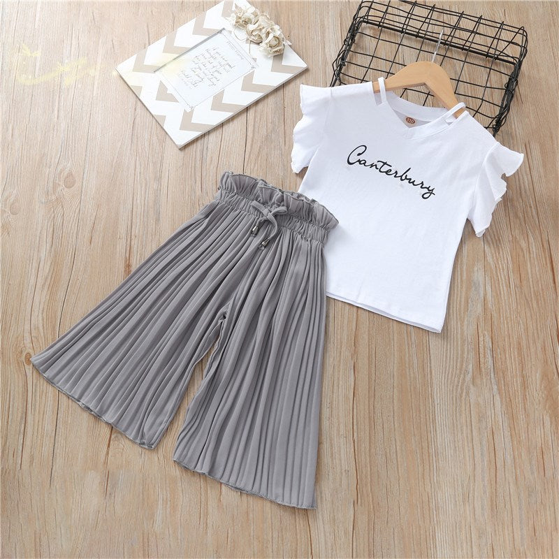 Girls Chiffon Wide Leg Pants Pleated Flying Sleeve Top Set (Available)