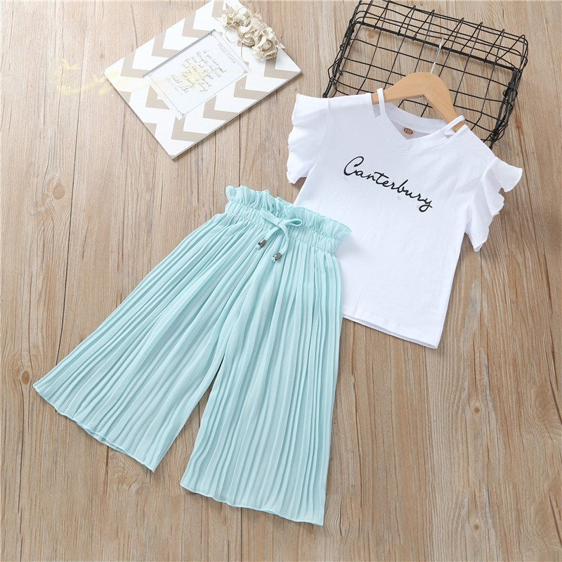 Girls Chiffon Wide Leg Pants Pleated Flying Sleeve Top Set (Available)