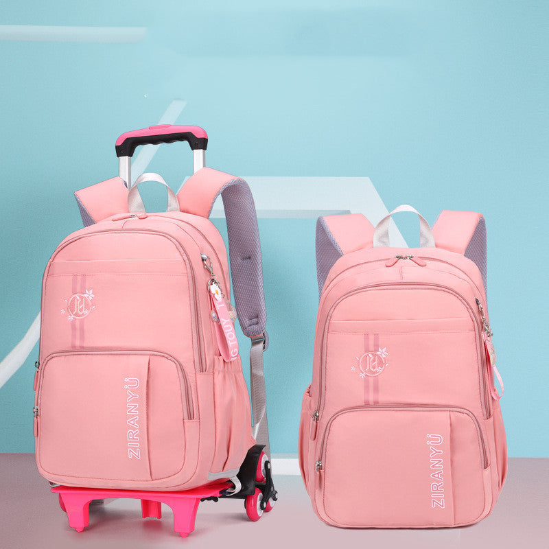 Kids rolling school backpack with detachable 6-wheel trolley, waterproof nylon, spacious compartments, and adjustable shoulder straps for school and travel