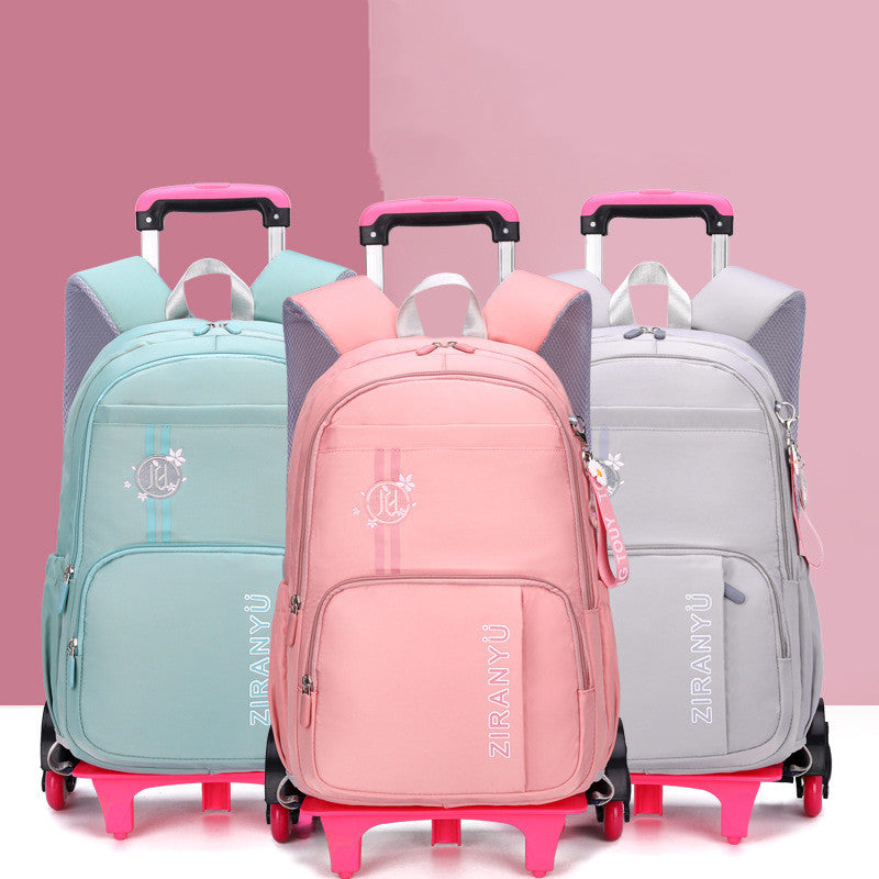 Kids rolling school backpack with detachable 6-wheel trolley, waterproof nylon, spacious compartments, and adjustable shoulder straps for school and travel