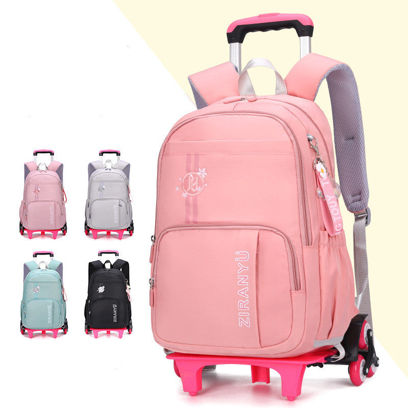 Kids rolling school backpack with detachable 6-wheel trolley, waterproof nylon, spacious compartments, and adjustable shoulder straps for school and travel