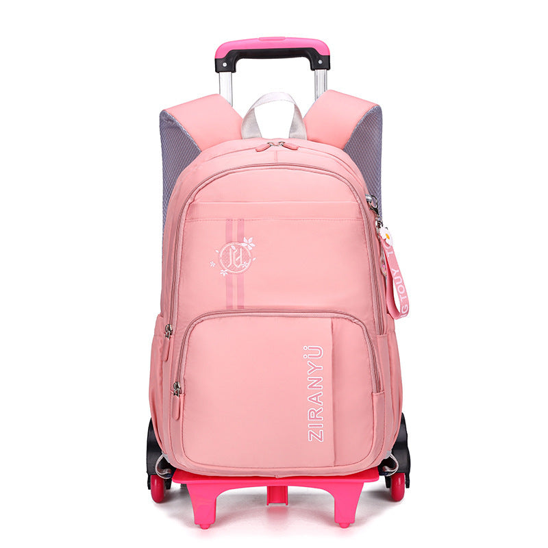 Kids rolling school backpack with detachable 6-wheel trolley, waterproof nylon, spacious compartments, and adjustable shoulder straps for school and travel