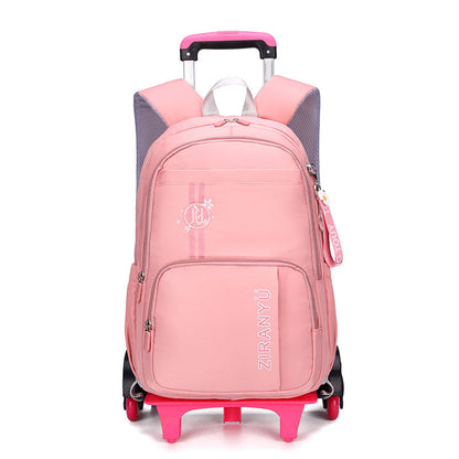 Kids rolling school backpack with detachable 6-wheel trolley, waterproof nylon, spacious compartments, and adjustable shoulder straps for school and travel
