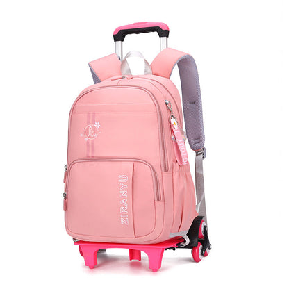 Kids rolling school backpack with detachable 6-wheel trolley, waterproof nylon, spacious compartments, and adjustable shoulder straps for school and travel