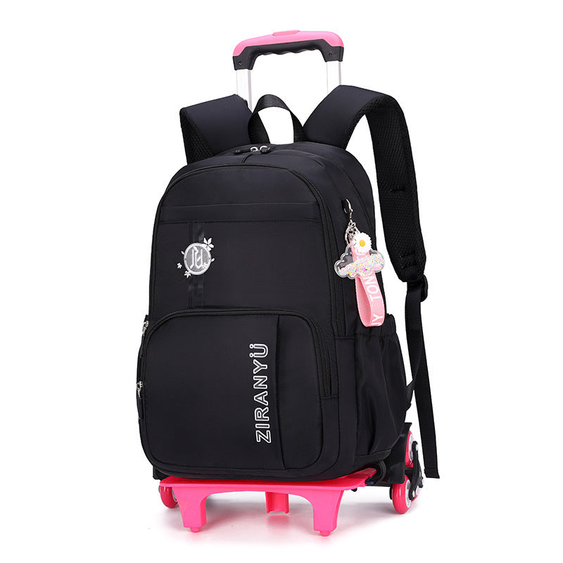 Kids rolling school backpack with detachable 6-wheel trolley, waterproof nylon, spacious compartments, and adjustable shoulder straps for school and travel