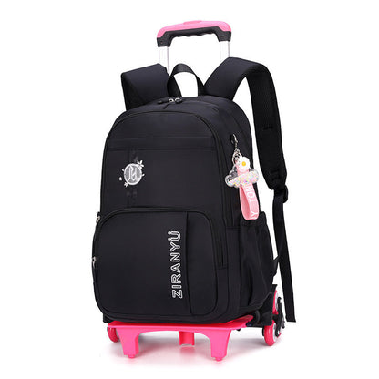 Kids rolling school backpack with detachable 6-wheel trolley, waterproof nylon, spacious compartments, and adjustable shoulder straps for school and travel