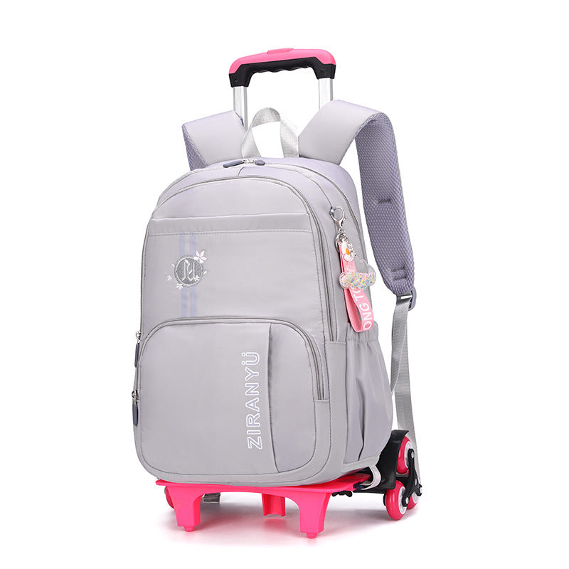 Kids rolling school backpack with detachable 6-wheel trolley, waterproof nylon, spacious compartments, and adjustable shoulder straps for school and travel