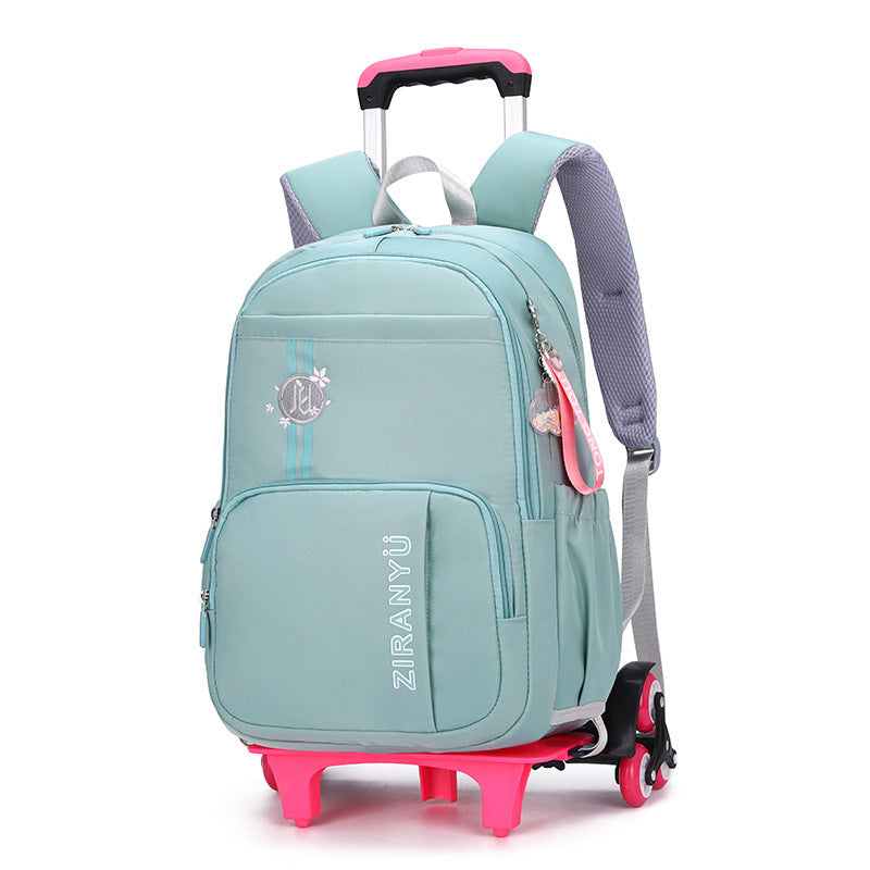 Kids rolling school backpack with detachable 6-wheel trolley, waterproof nylon, spacious compartments, and adjustable shoulder straps for school and travel