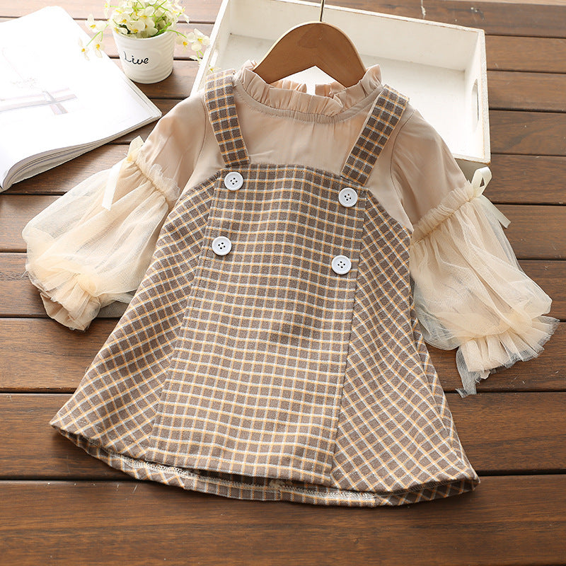 Retro Stitching Plaid Skirt 2-6 Years Old Female Baby Spring And Autumn Fake 2 Skirts