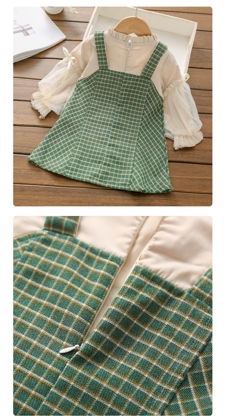 Retro Stitching Plaid Skirt 2-6 Years Old Female Baby Spring And Autumn Fake 2 Skirts