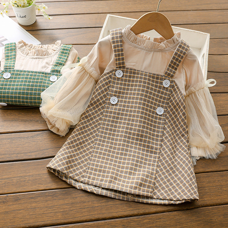 Retro Stitching Plaid Skirt 2-6 Years Old Female Baby Spring And Autumn Fake 2 Skirts