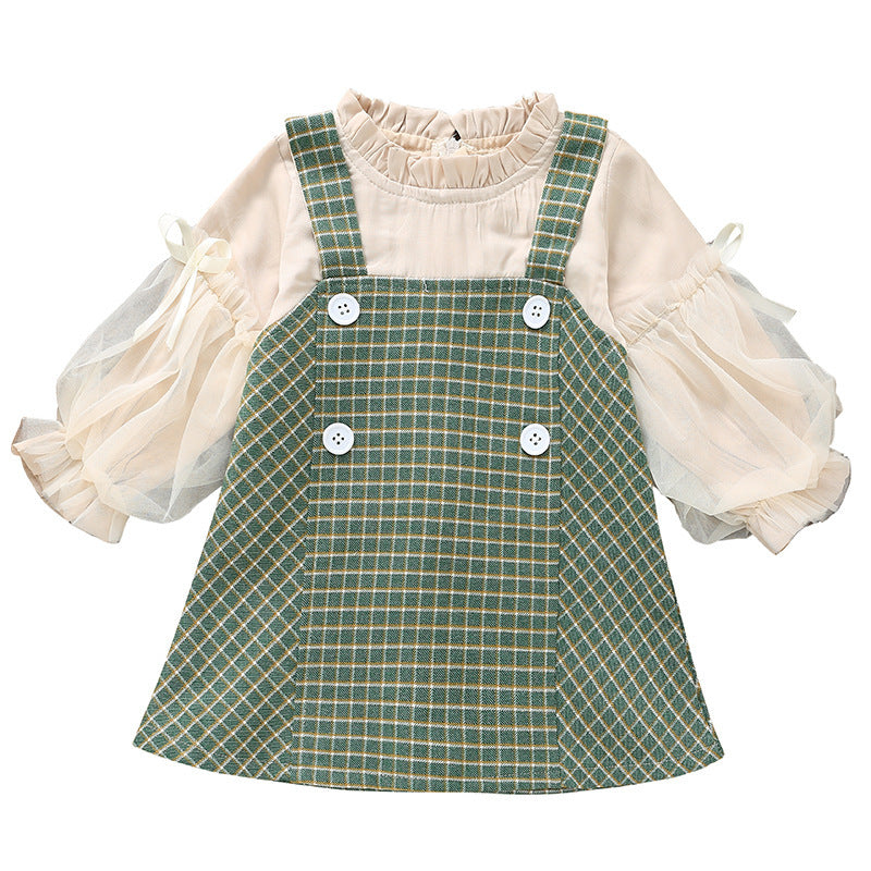 Retro Stitching Plaid Skirt 2-6 Years Old Female Baby Spring And Autumn Fake 2 Skirts
