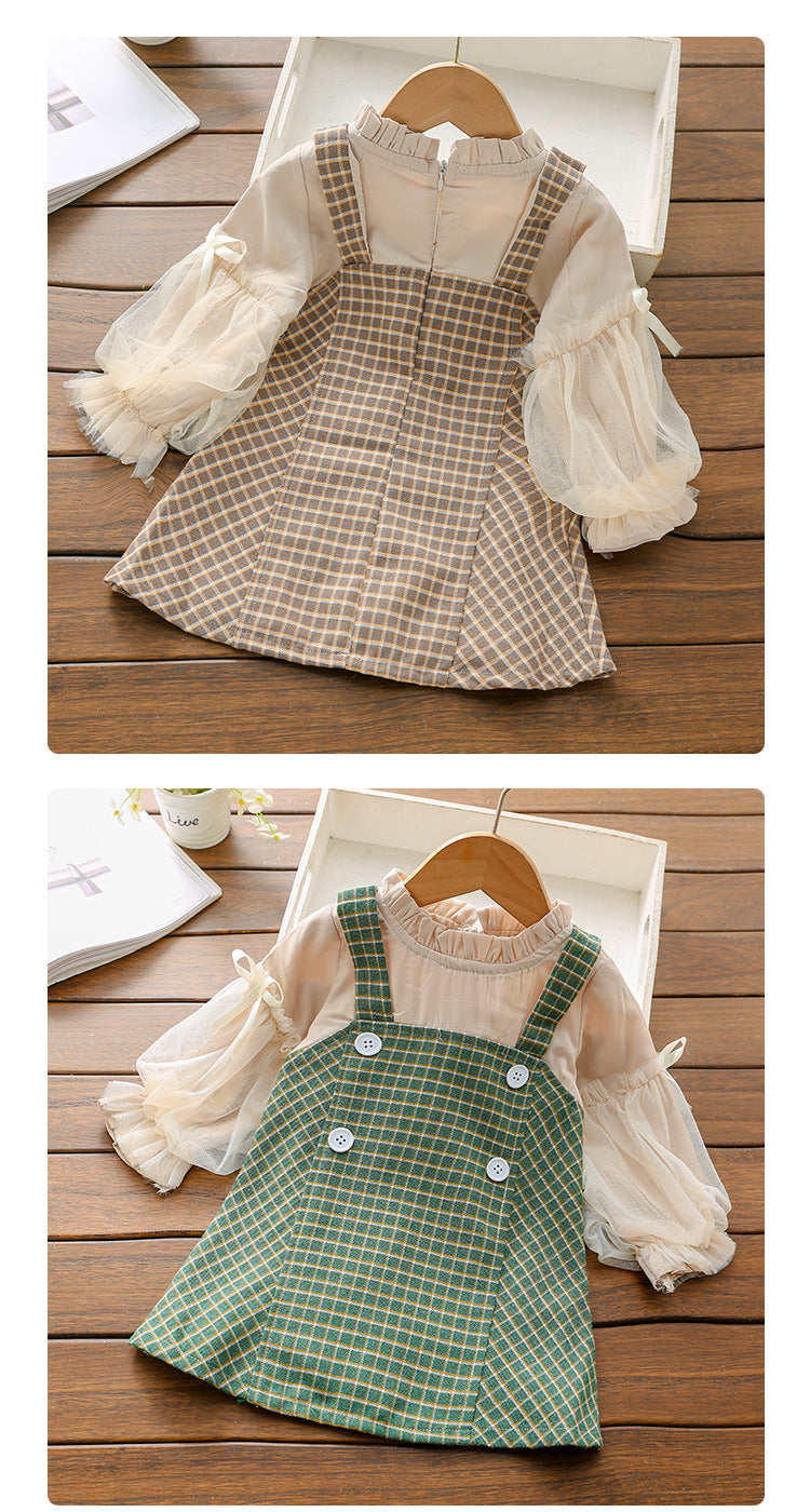 Retro Stitching Plaid Skirt 2-6 Years Old Female Baby Spring And Autumn Fake 2 Skirts