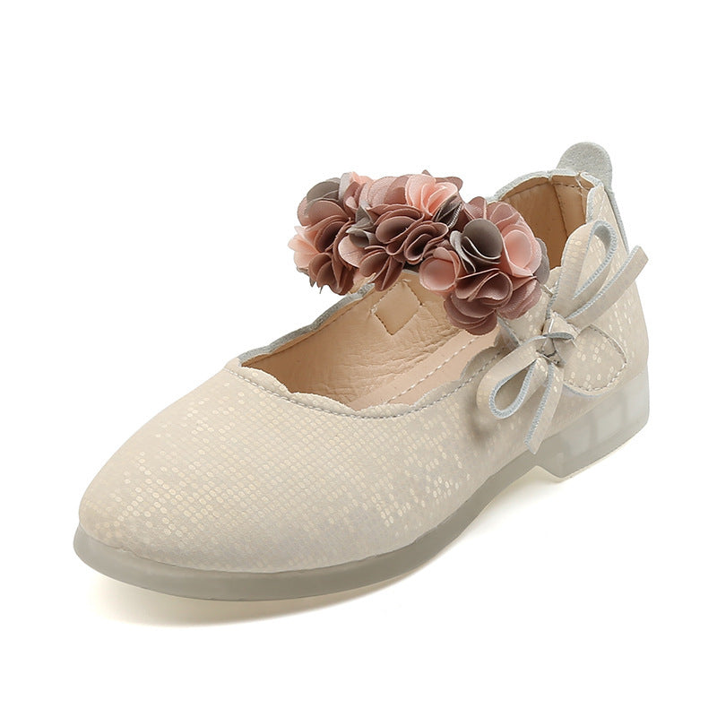 Girls Flower Princess Shoes with flower decoration, bow design, soft rubber sole, and Velcro strap for parties, dance, weddings, and everyday wear