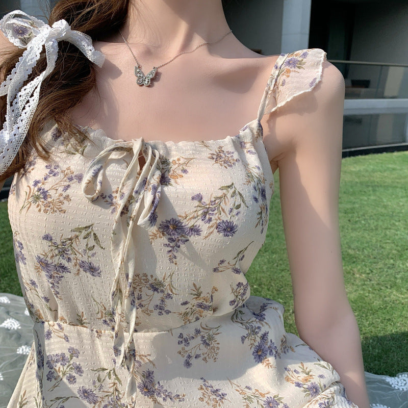 Women"S New Summer French Gentle And Elegant Chiffon Dress With Fragmentary Flower Temperament