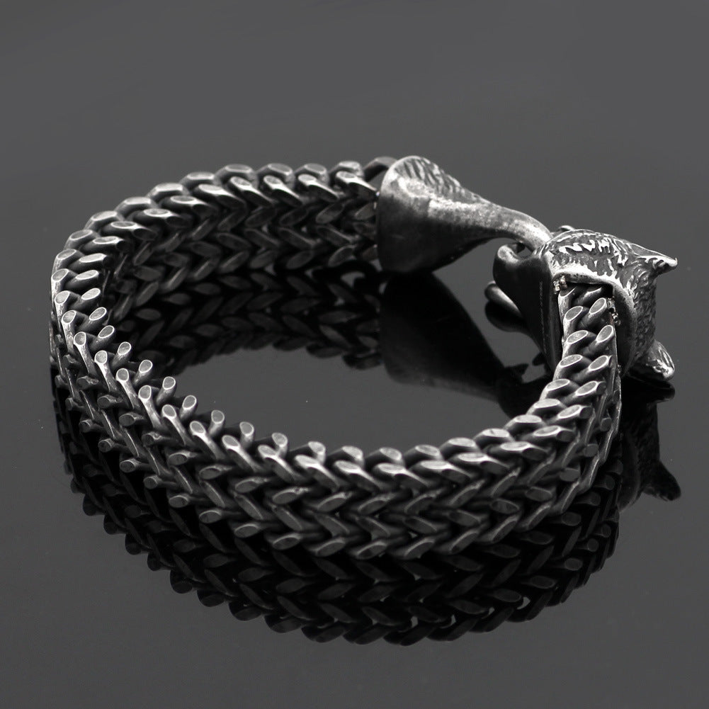 Bracelet Men Stainless Steel Vintage Black Wolf Head Cuban Chain Hand Wristband Male Fashion Jewelry Wholesale Accessories Gifts ( Available )