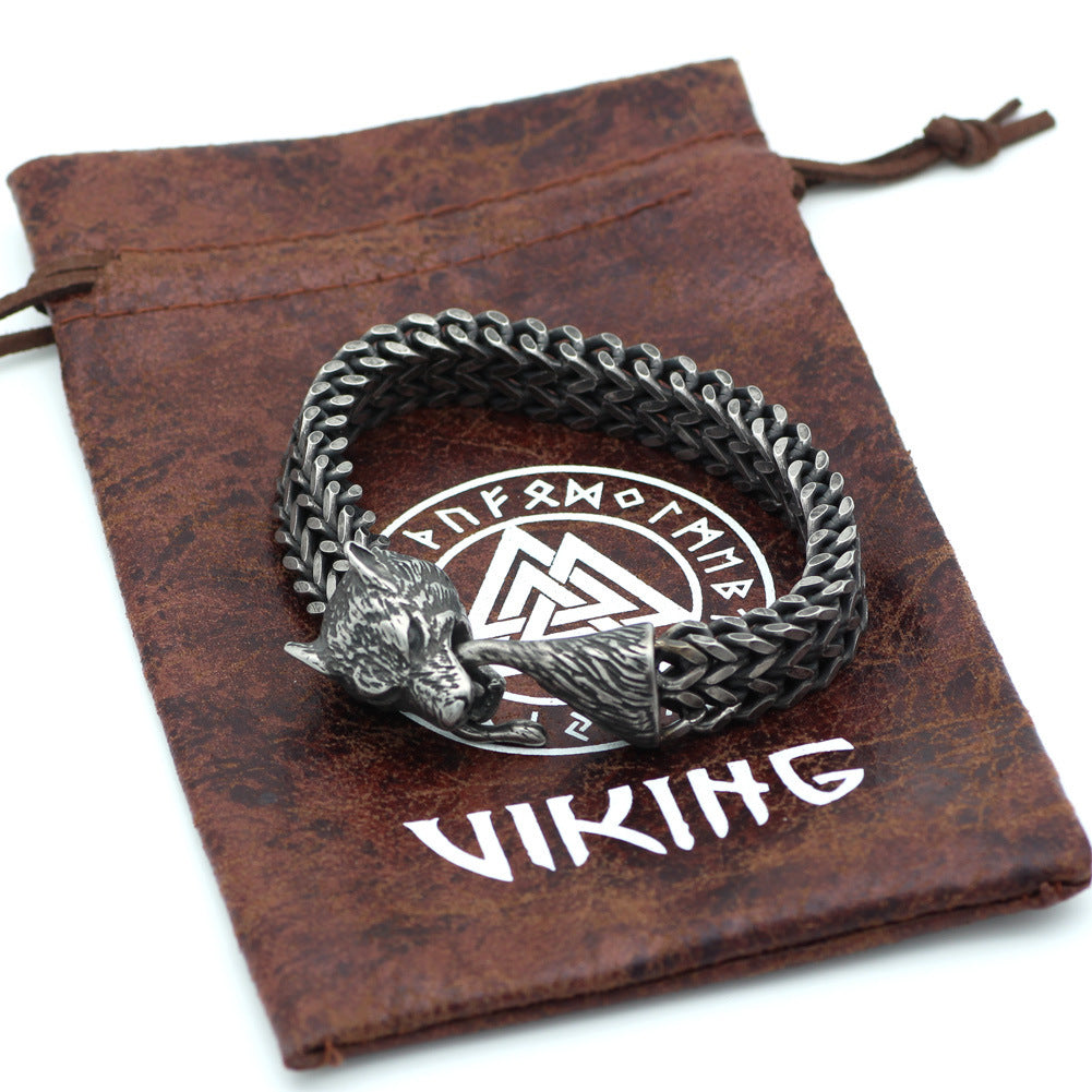 Bracelet Men Stainless Steel Vintage Black Wolf Head Cuban Chain Hand Wristband Male Fashion Jewelry Wholesale Accessories Gifts ( Available )