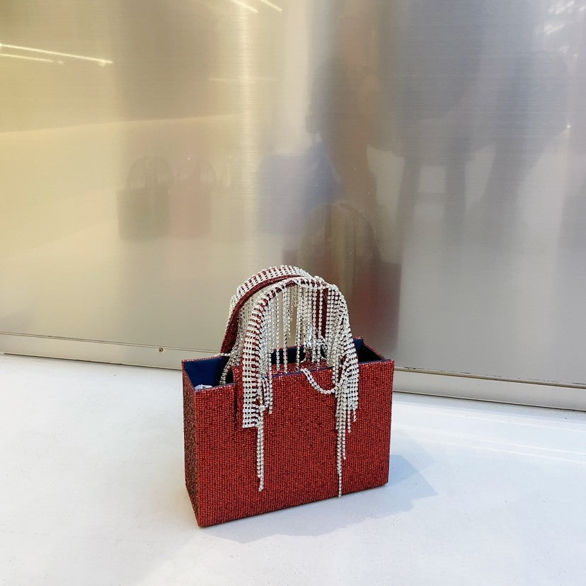 Red Rhinestone Tassel Chain Small Square Bag Fashion Portable