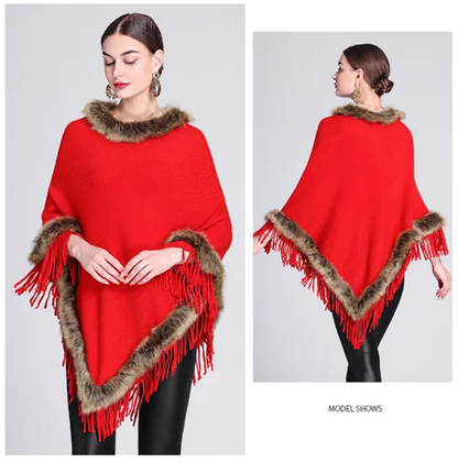 Womens Fashion Winter Pullover Tassel Top With Fur Collar