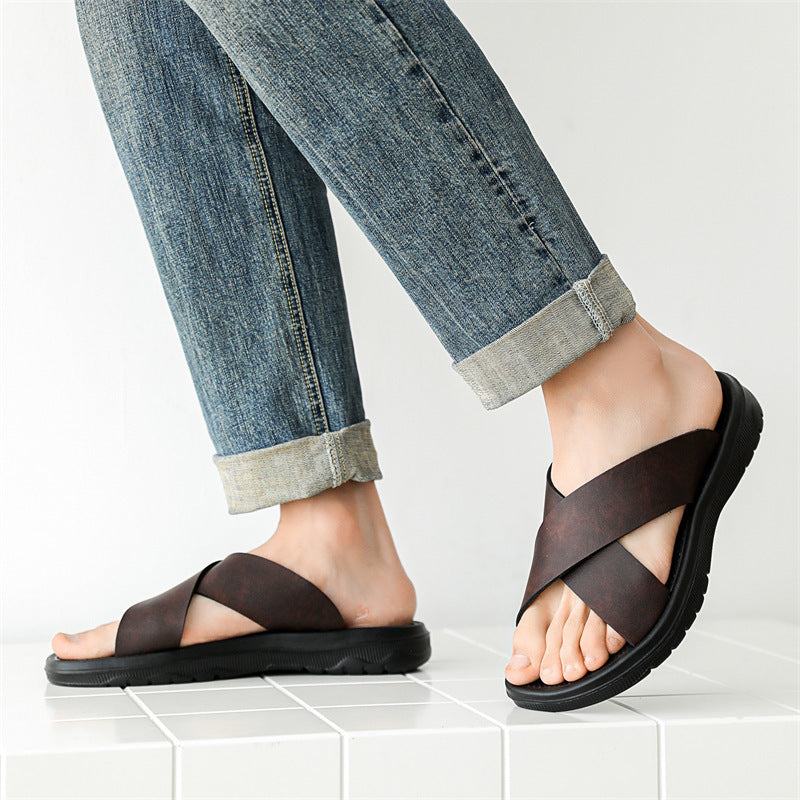 Leather Cross Plus Size Beach Casual Slippers Men ( Available )