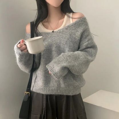 Bandage Dress Knitted Vest Soft Glutinous Loose-fitting Long Sleeve Sweater Two-piece Set