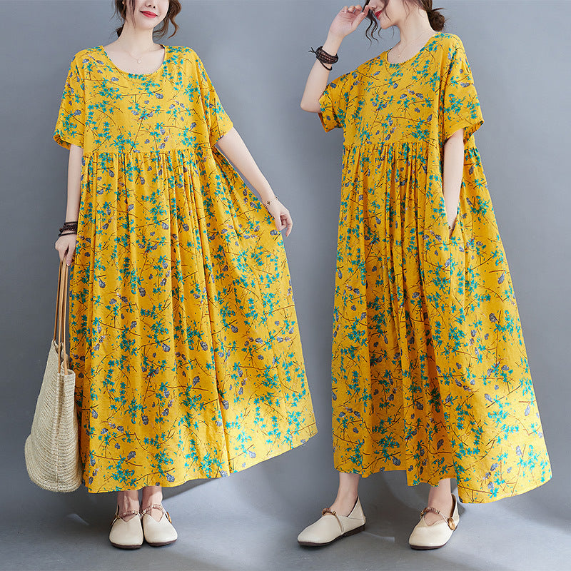 Artistic Large Size Loose Plump Girls Cotton And Linen Printed Short-sleeved Dress Women's Clothing
