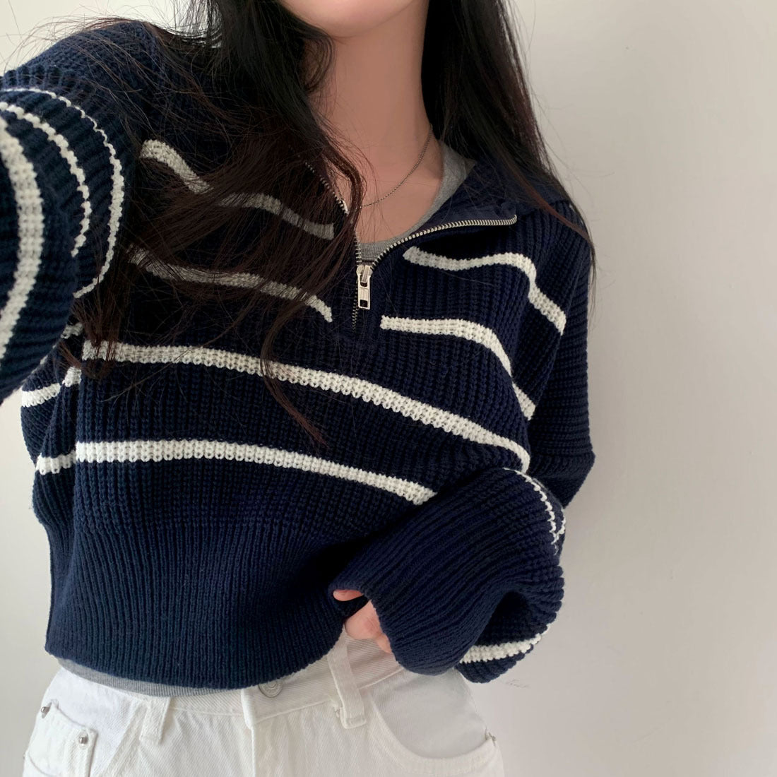 Lapel Half Long-sleeve Zipper Striped Knitted Sweater