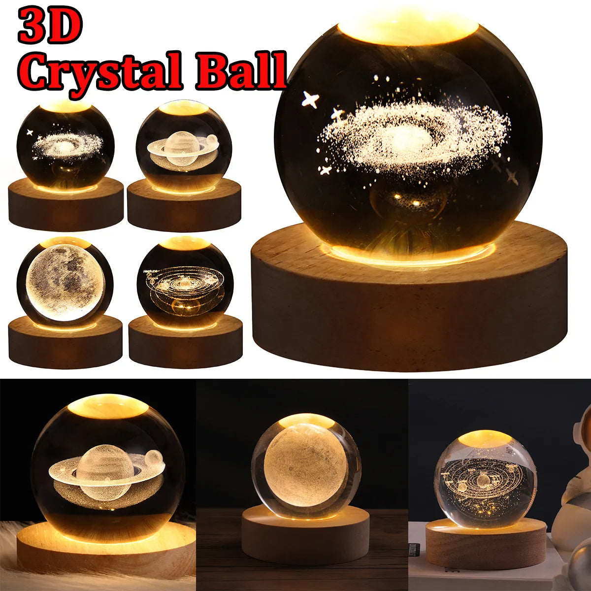 3D Galaxy Crystal Ball Night Light with USB wooden LED base featuring Moon, Saturn, Solar System, and Nebula designs for bedroom décor