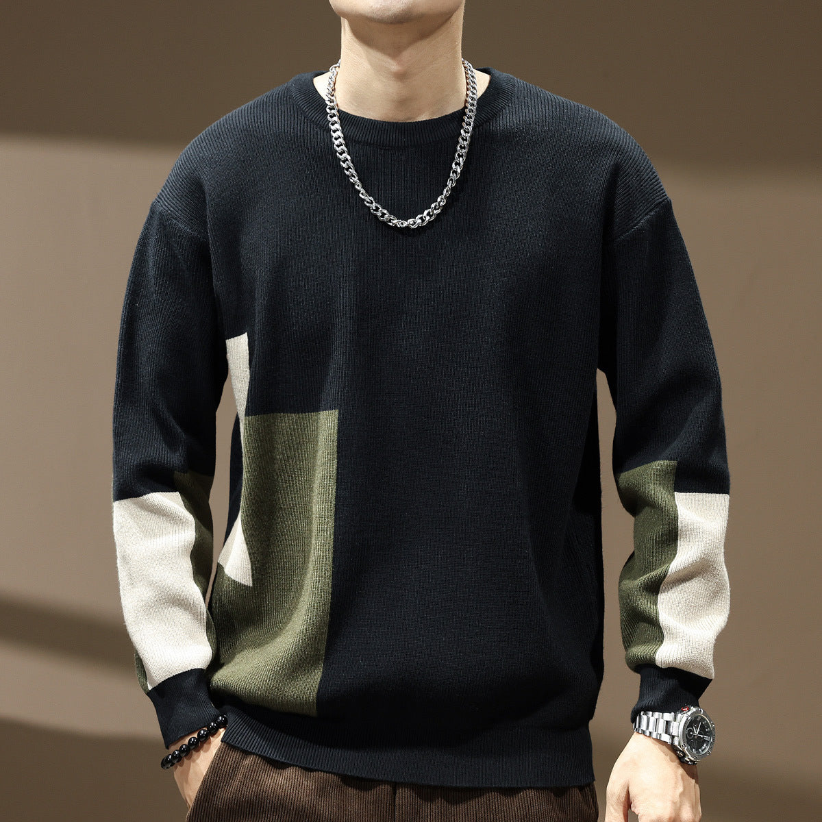 High Sense Color Contrast Patchwork Male Loose-fitting Oversized Sweater