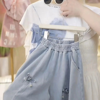2025 Summer Girls Three-dimensional Bow Round Neck Solid Color Short Sleeve Fashionable Versatile Bow Culottes Two-piece Set - Mom & Kids