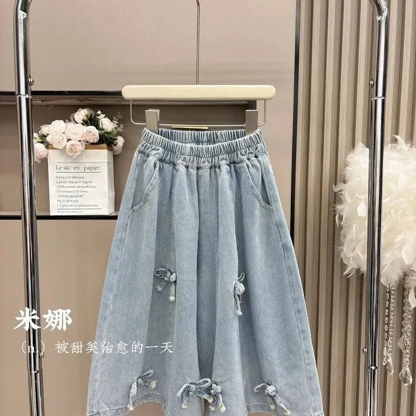 2025 Summer Girls Three-dimensional Bow Round Neck Solid Color Short Sleeve Fashionable Versatile Bow Culottes Two-piece Set - Mom & Kids