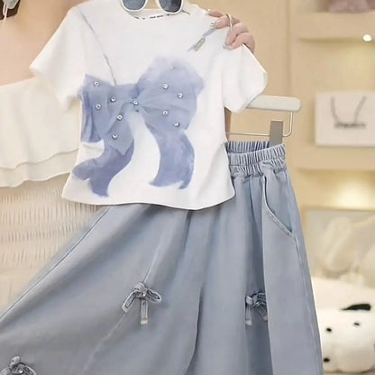 2025 Summer Girls Three-dimensional Bow Round Neck Solid Color Short Sleeve Fashionable Versatile Bow Culottes Two-piece Set - Mom & Kids