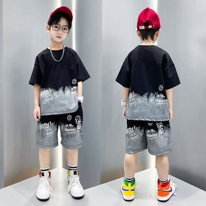 Boys Sports Summer Outfit with short sleeve T-shirt and matching shorts for breathable summer wear, outdoor play, and everyday activities