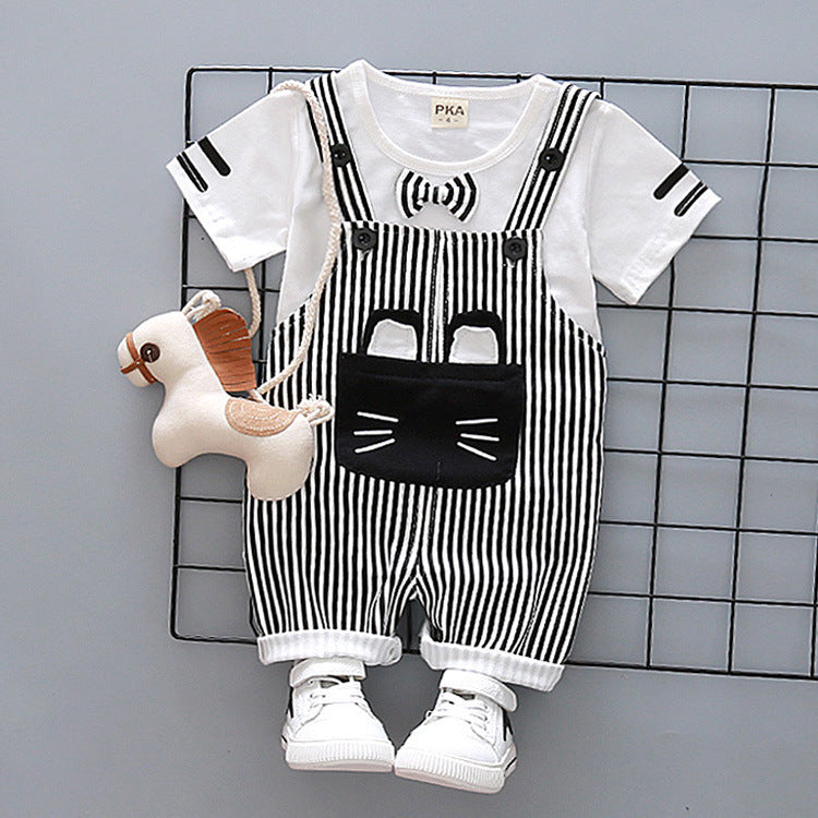 Boys Cartoon Suspender Outfit with soft cotton fabric, cute cartoon design, and stylish two-piece suspender set for babies and toddlers