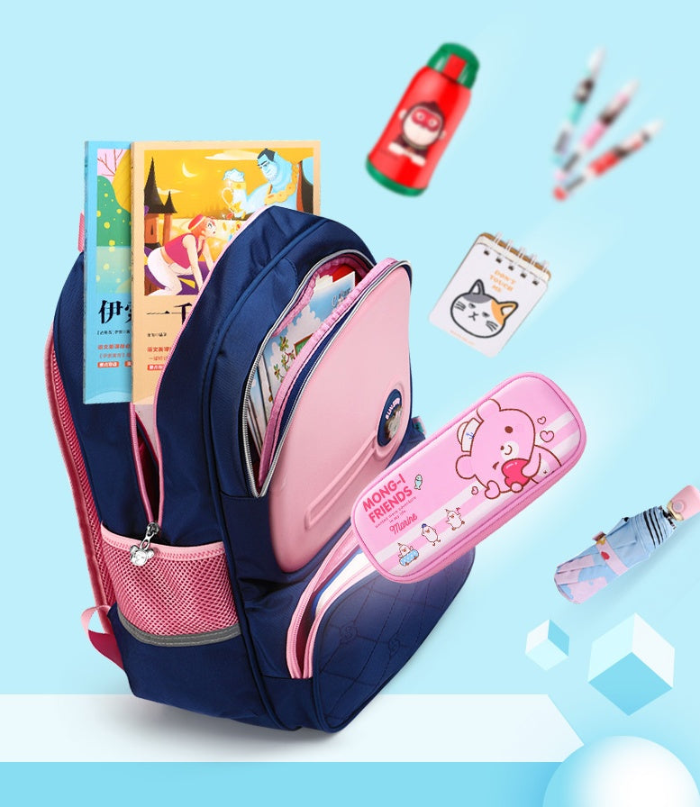Girls Orthopedic School Backpack with ergonomic back support, waterproof nylon material, reflective strips, and large storage for school essentials