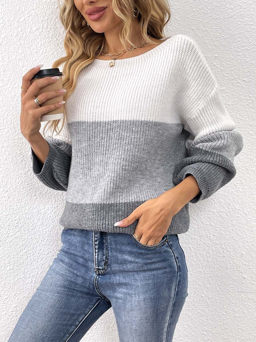 Contrast Gray White Splicing Pullover Sweater Long Sleeve