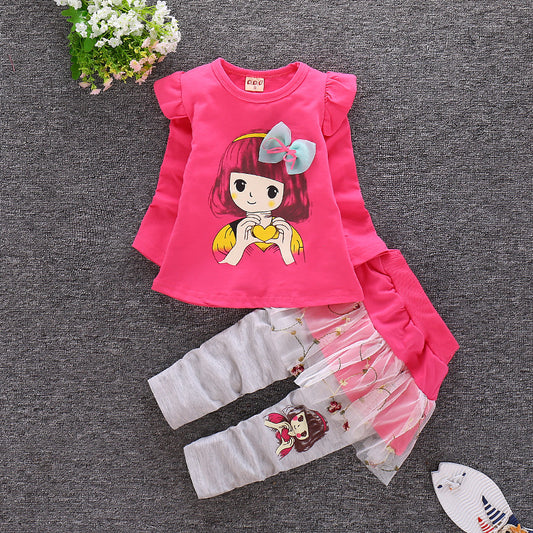 Autumn Round Neck Infant Lotus Leaf Shoulder Long Sleeve Toddler Stitching Skirt Pants Set