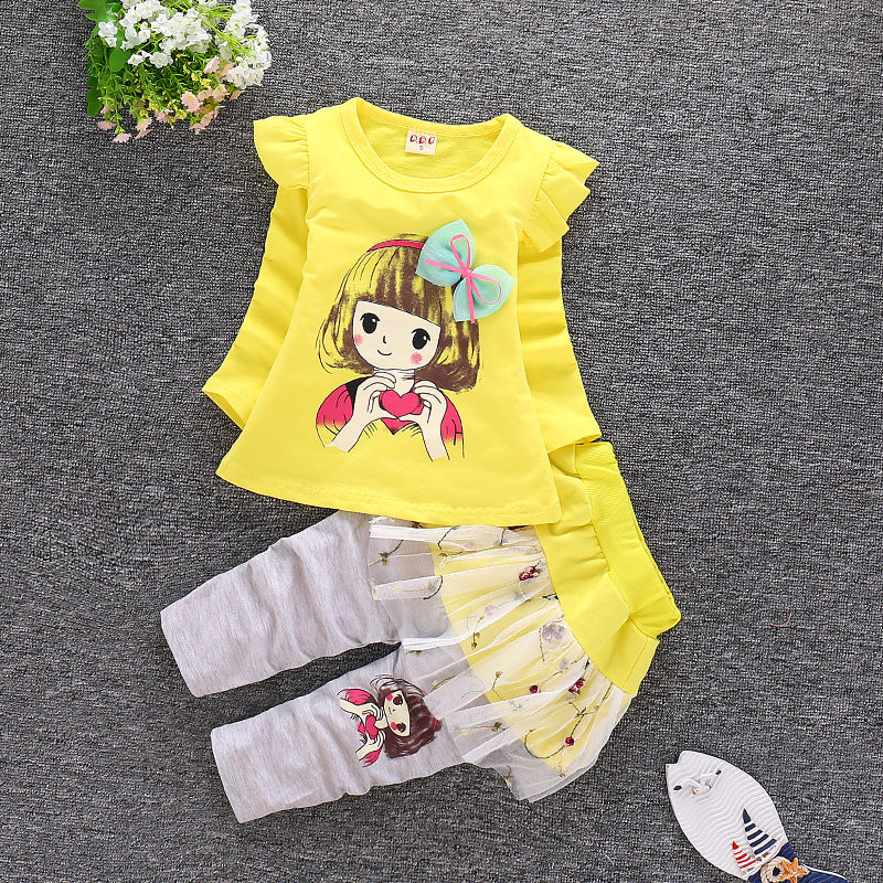 Autumn Round Neck Infant Lotus Leaf Shoulder Long Sleeve Toddler Stitching Skirt Pants Set