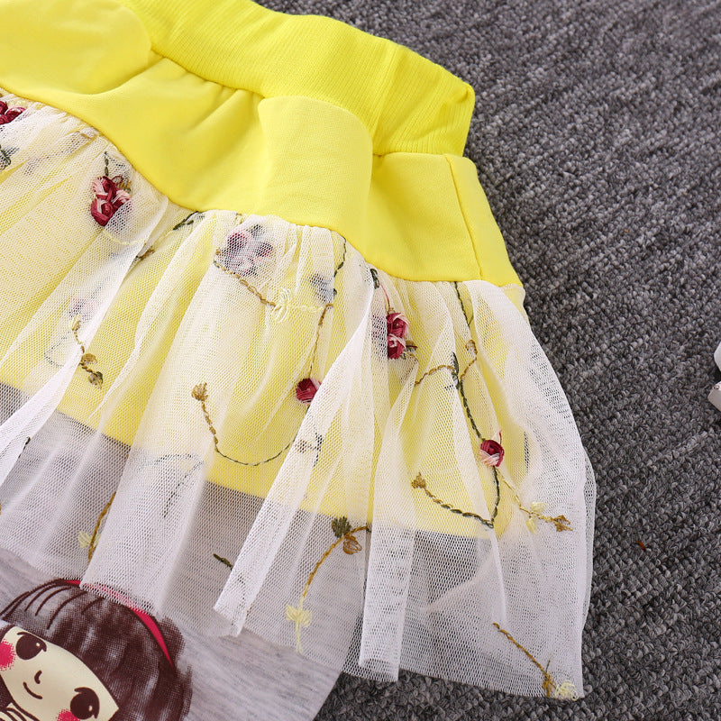 Autumn Round Neck Infant Lotus Leaf Shoulder Long Sleeve Toddler Stitching Skirt Pants Set