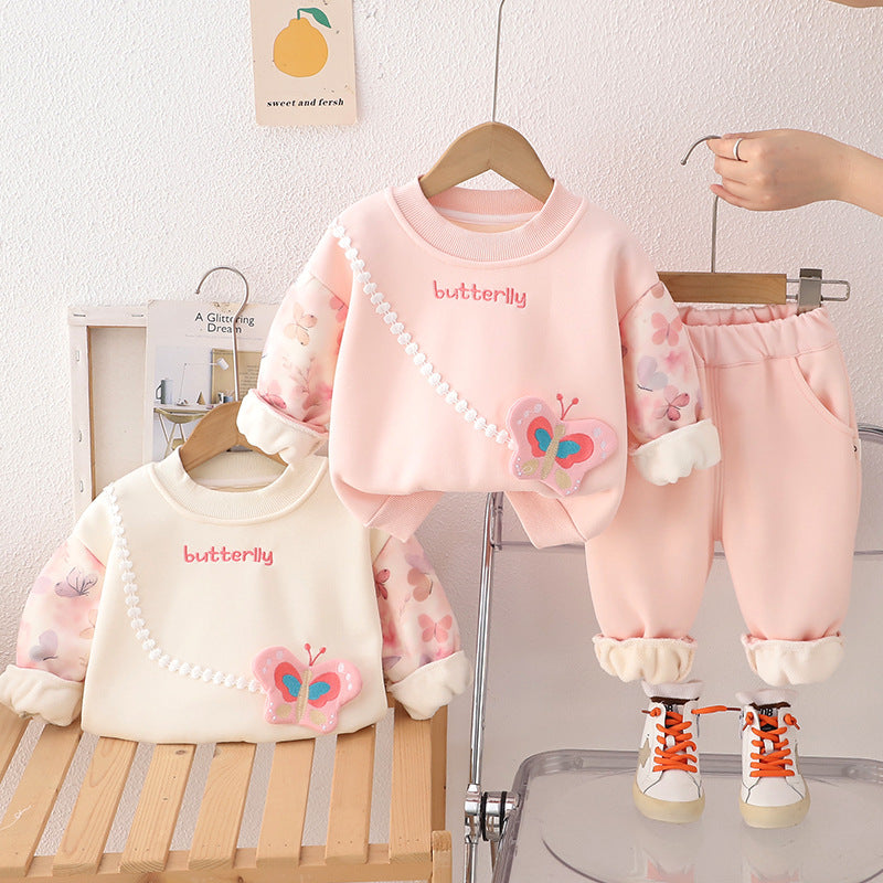 Girls' Fleece-lined Thickened Butterfly Sweater Suit