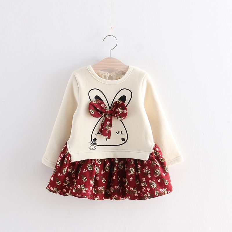 Autumn girls dress children's floral bow and velvet dress