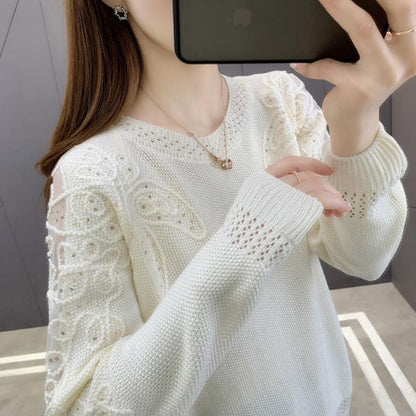 Pullover Lace Bottoming Shirt Long Sleeve Loose Hollow Knitted Sweater For Women