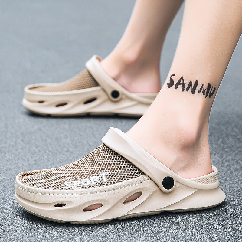 Mesh Sandals Half Pack Casual Bird's Nest Hole Shoes Men's Beach Lazy Half Slippers Plus Size (Available)