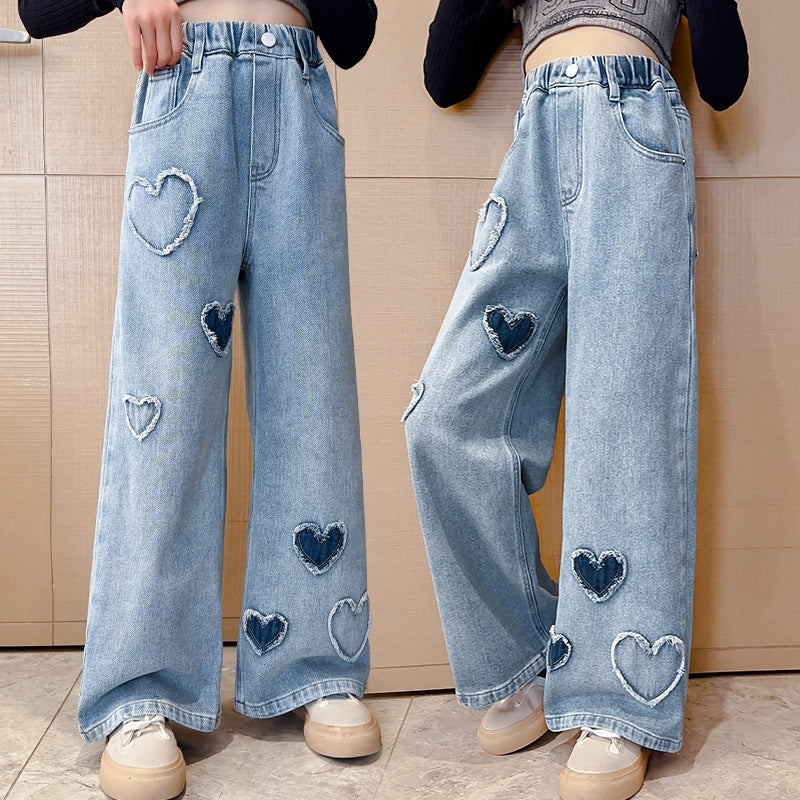 Girls' Love Raw Edge Denim Wide-leg Pants (Available)