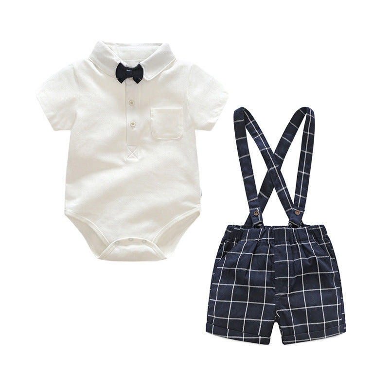Children's Short-sleeved Knitted One-piece Romper Sheath Romper Plaid Suspender Pants (Available)