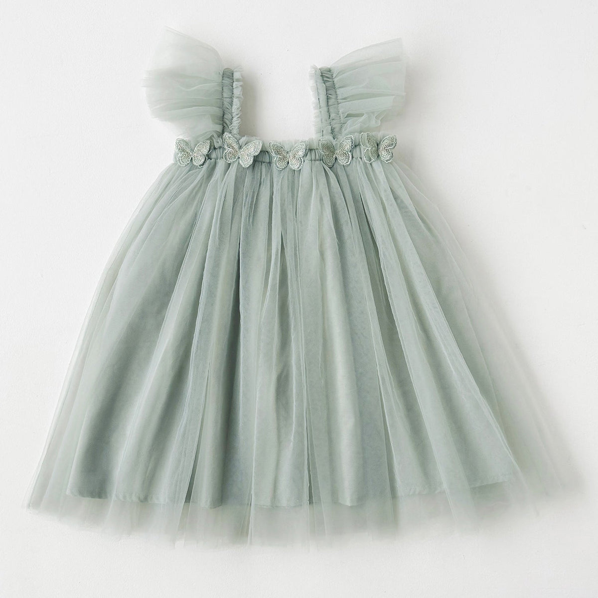 Girls Puffy Princess Dress Bangladesh in soft green with tulle skirt and floral accents, perfect for special occasions.