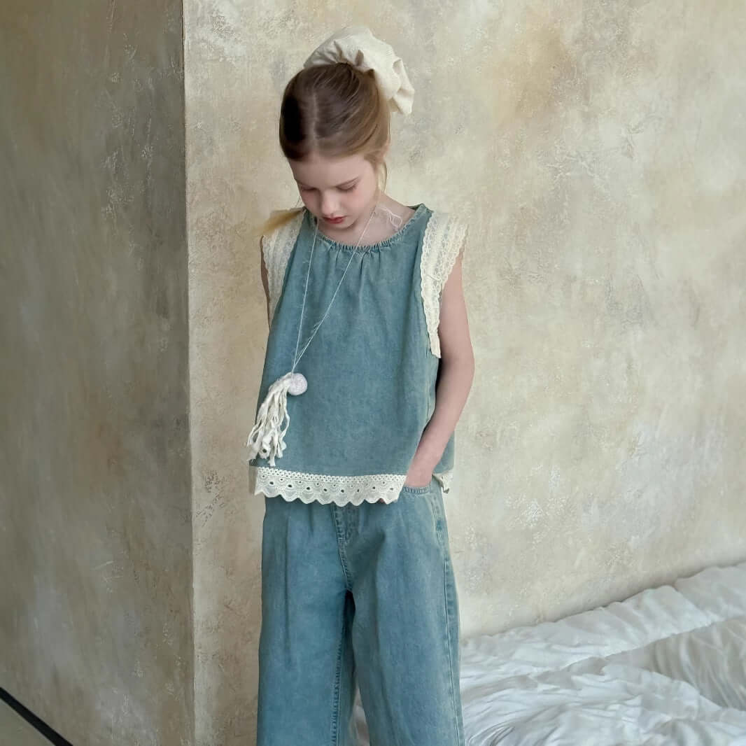 Girls Denim Vest Set Bangladesh Lace Trim - Small China Town