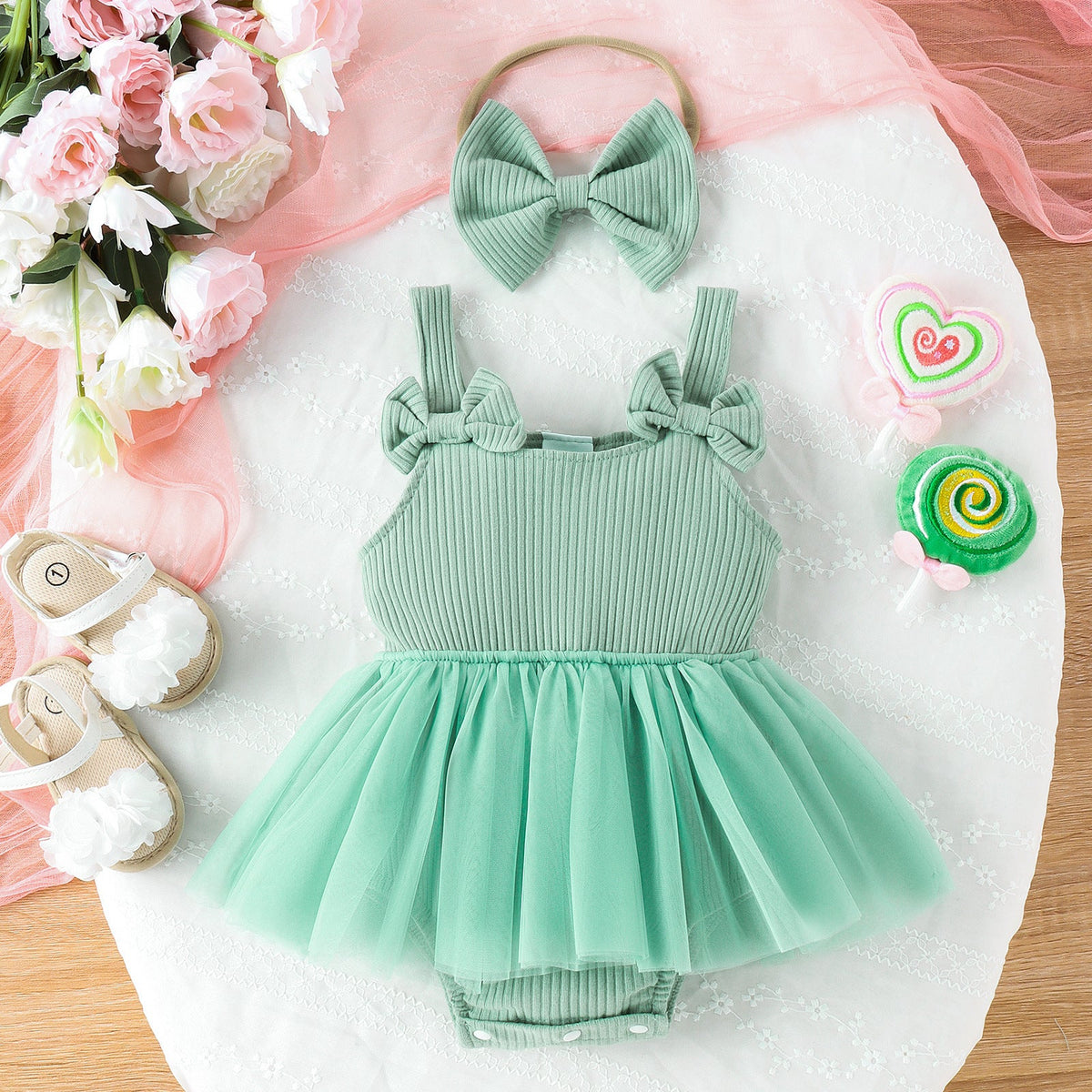 Baby Girl Cotton Romper Dress with matching bow headband